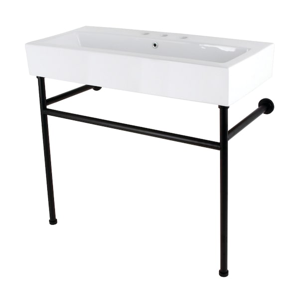 Kingston Brass 39 Porcelain Console Sink with Stainless Steel Legs 8 Centers, WhiteMatte Black VPB3917W0ST - main